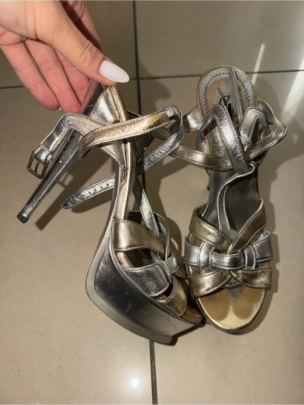 YSL 38 size Metallic Strappy High Heel Sandals - Silver TRIBUNE